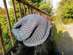 Nová pletená spadlá čepice 2v1 (tmavě šedá)