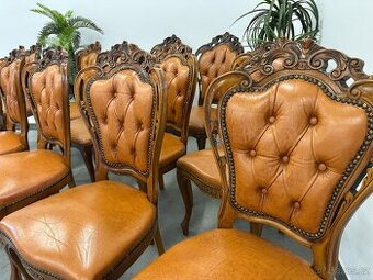 12 kusů Zámecké barokní židle CHESTERFIELD. Pravá kůže.