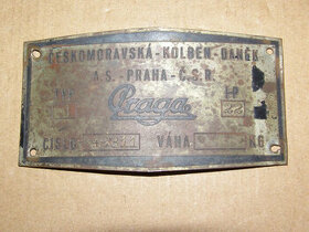 Prodám originální výrobní štítek Praga Baby z roku 1934