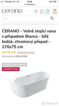 Volně stojící vana cerano 170x75