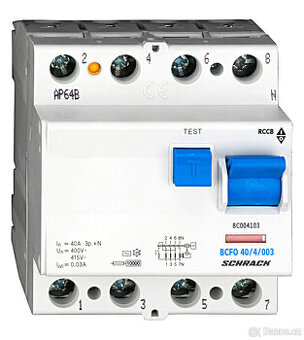 7kusů - proudový chránič Schrack 40 A, 4pól, 30 mA, NOVÝ