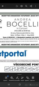 Andrea Bocelli 24.1.2026 O2 aréna, 2 vstupenky