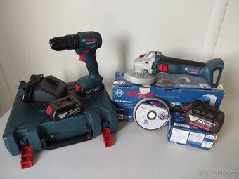 BOSCH Aku: šroubovák, úhlová bruska, 3x baterie nabíječka