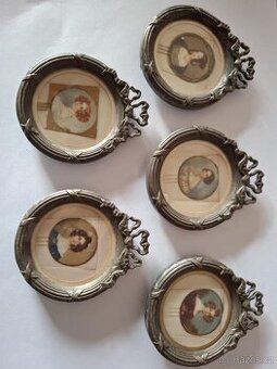 5 ks miniaturních secesních obrázků průměr 7 cm