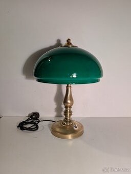 mosazná stará lampička, lampa, zelené stínidlo, bankéřka