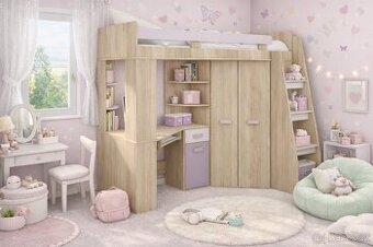 Multifunkční patrová postel se skříní i pracovním stolem