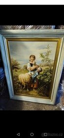 Starožitný obrovský obraz, Dívka s beránkem olejomalba. - 1