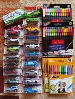 17x matchbox autíčka, domino, fixy