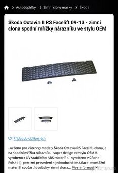 Nová nepoužitá zimní clona chladiče Škoda Octavia 2 RS facel