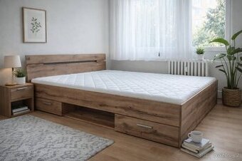 Postel 160x200 se zásuvkami, rošty a matrací. Dub wotan