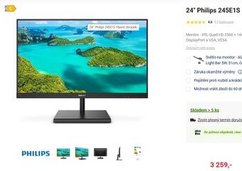 Monitor Philips 245E1S – 24” | Quad HD (2560×1440), IPS