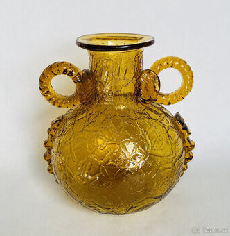 Starožitná váza, ambrové krakelované sklo V 14.5 cm