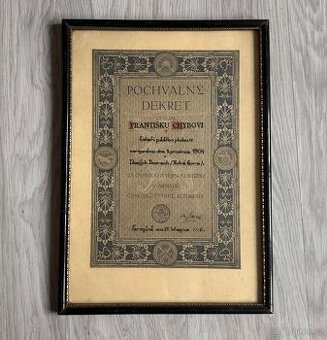 Pochvalný dekret ČSR – armáda, rok 1926, původní rám