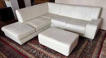 Bílá kožená rohová sedačka s taburetem,5979