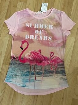 Dívčí tričko s plameňáky, vel.170, NOVÉ, zn.H&M