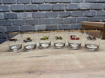 Sada retro skleniček s motivem veteránů – 6 ks, zlatý lem