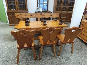 Selský jídelní set, stůl, lavice, židle, nábytek z masívu