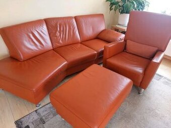 Sedací souprava kožená 3+1+taburet - pěkný stav