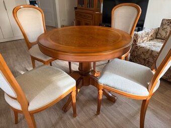 Stůl kulatý jídelní, rozkládací a 4 židle - masiv