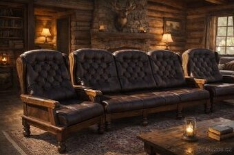 Kožená sedací souprava 3+1+1 s mas.dubovým dřevem