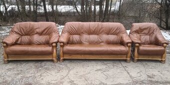 Kožená sedací souprava 3+2+1 s dubovým masivním dřevem