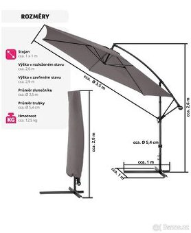 Šedý slunečník s boční nohou 350 cm, s obalem