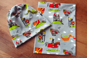 NOVÁ dětská čepice a nákrčník 116/122 rytíři a draci