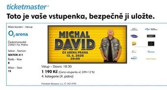 2× vstupenka na koncert Michala Davida v O2 aréně