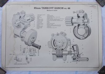 Originální výukový plakát ČSLA, tankový kanon vz.44-řididlo.