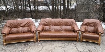 Kožená sedací souprava 3+2+1 s mas.dubovým dřevem