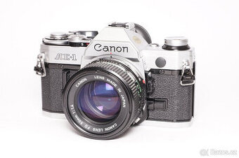 Canon AE-1, FD 50mm/1,4, blesk, brašňa