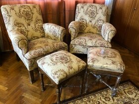 Starožitné křeslo 2 ks + taburet 2ks