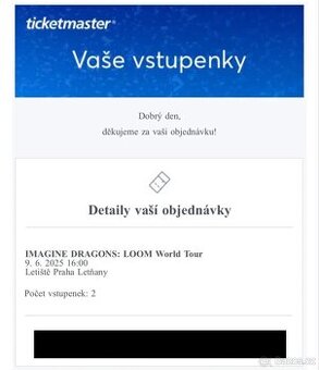 2 Vstupenky na koncert Imagine Dragons 9.6. 2025 Praha