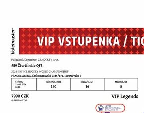 Vstupenka hokej MS VIP LEGENDS ČTVRTFINÁLE 23.5. 20.20 hod
