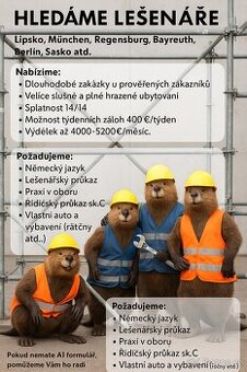 Lešenář Německo Výdělek až 4000-5200€/měsíc
