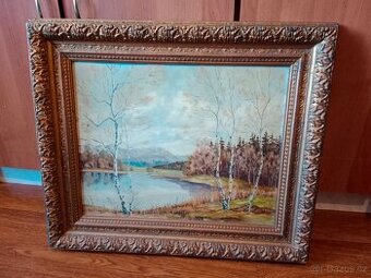 Pěkný starý obraz- olej- na kartonu -březový háj