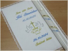 Vyšívané křestní roušky + svíčka