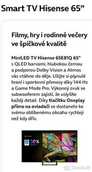 Nerozbalená Smart TV Hisense 65 palců