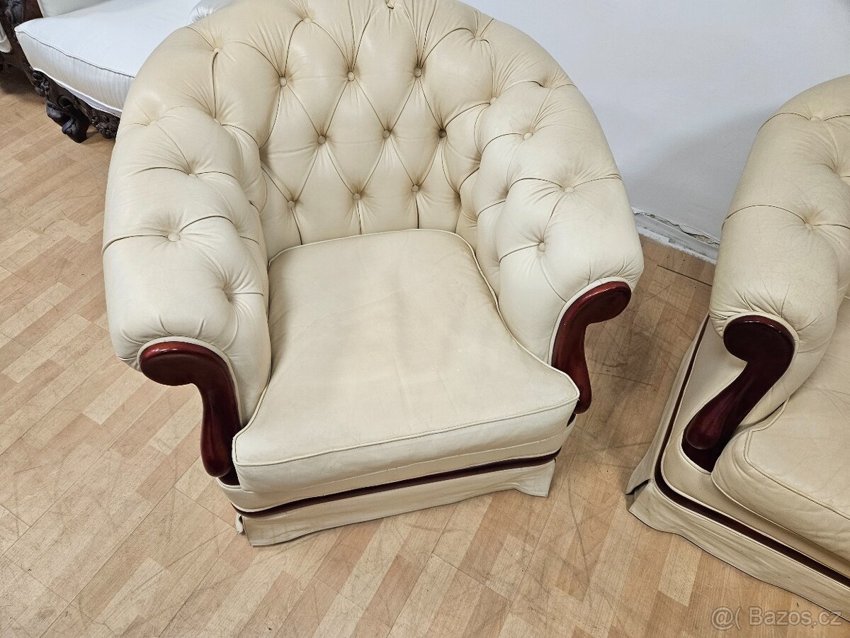 CHESTERFIELD ŠTÝL 2+1+1 KOŽENÁ,KOMB.S DREVOM - 2