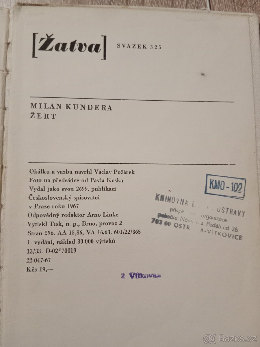 Milan Kundera – Žert (1967), první vydání – knihovní výtisk - 2