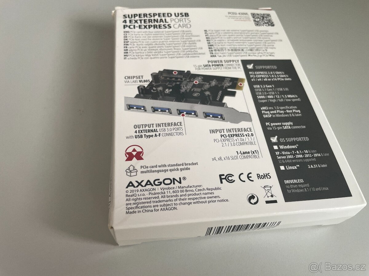 PCIe řadič, 4x USB 3.2 Gen 1 port, 5 Gbps, SATA - 2