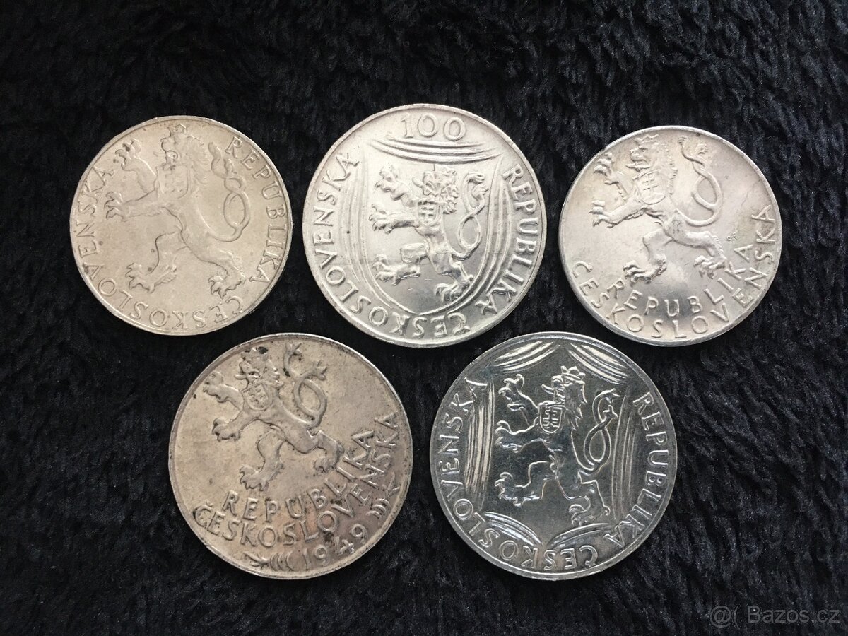 5 kusů stříbrných 50 a 100 Kčs ČSSR, každá mince jiná - 2