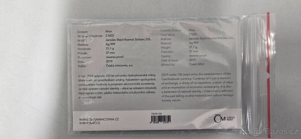 1oz 2019 Česky lev Revwrae Proof číslovaný - 2