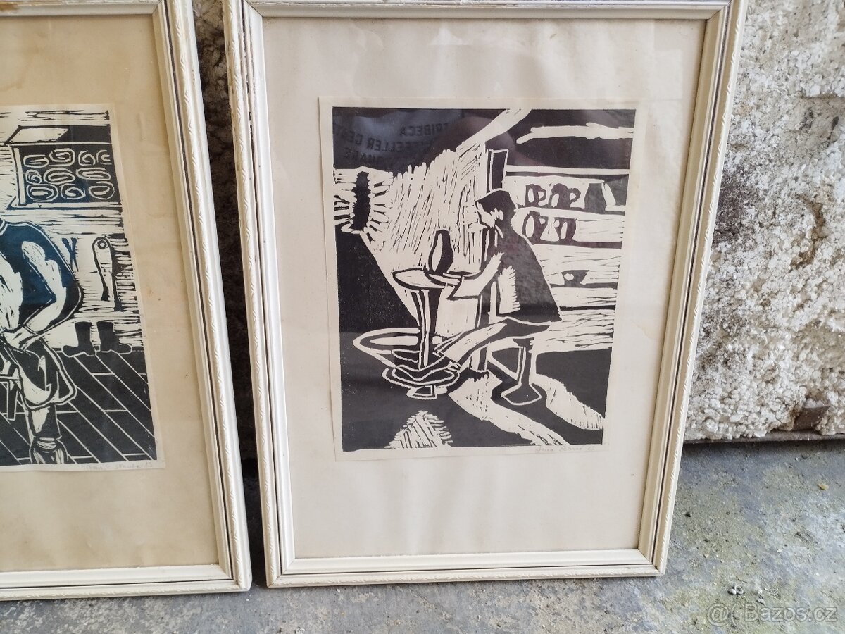 2x linoryt - povolaní krejčí/keramika signováno - 2