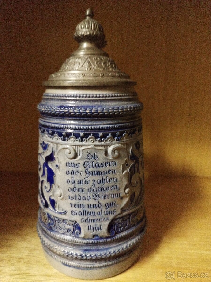 Starožitný německý korbel modrý s cínovým víkem - 2