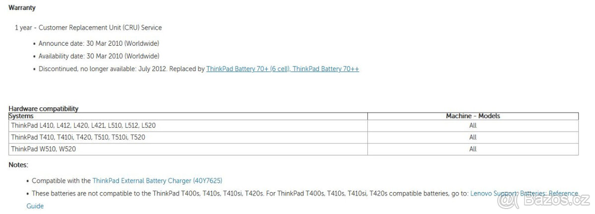 baterie (70++) pro notebooky Lenovo ThinkPad (1.5hod) - 2