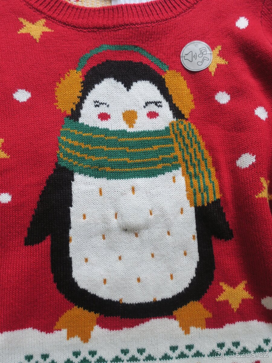Vánoční svetr s tučňákem - nový, bliká, hraje vel. M - 2