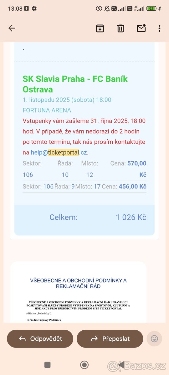 Slavia - Baník - 2 lístky - tribuna sever - 2