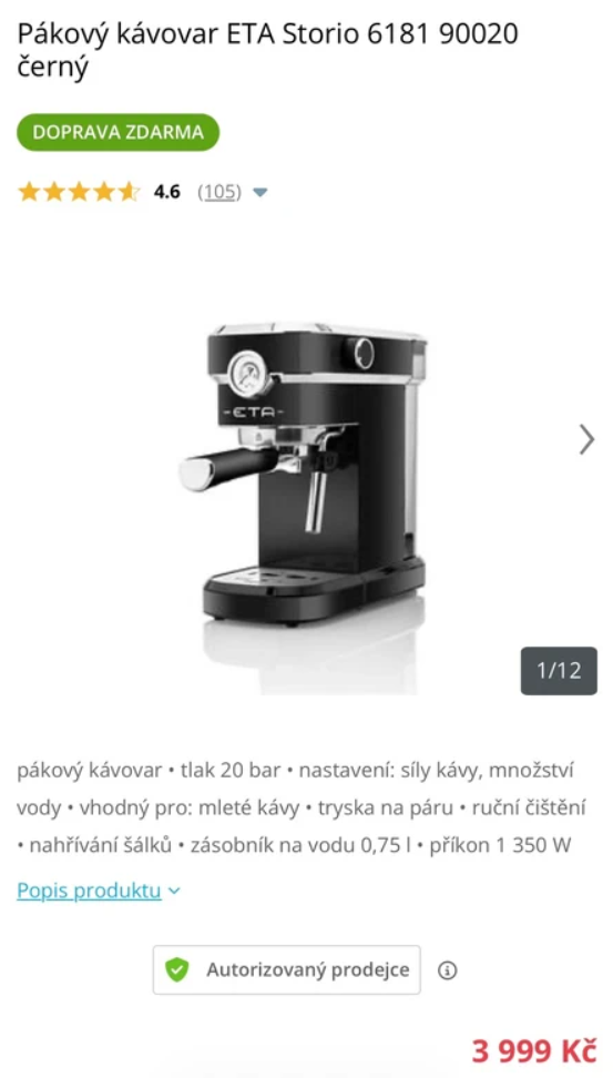 Pákový kávovar ETA Storio 6181 - 2