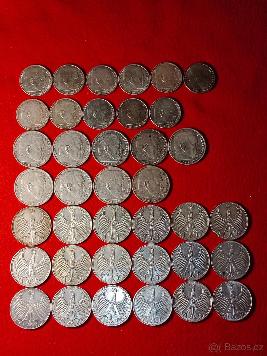 Stříbrné marky 38 ks - 2 marky, 5 marky dva druhy - 2